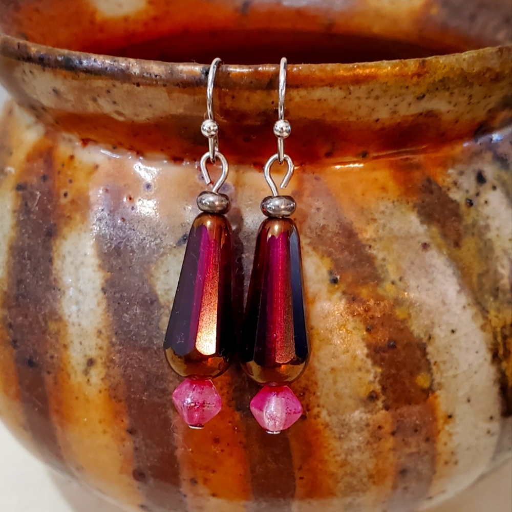 **SALE** GORGEOUS Pink and Red Czech Glass Drop Earrings
